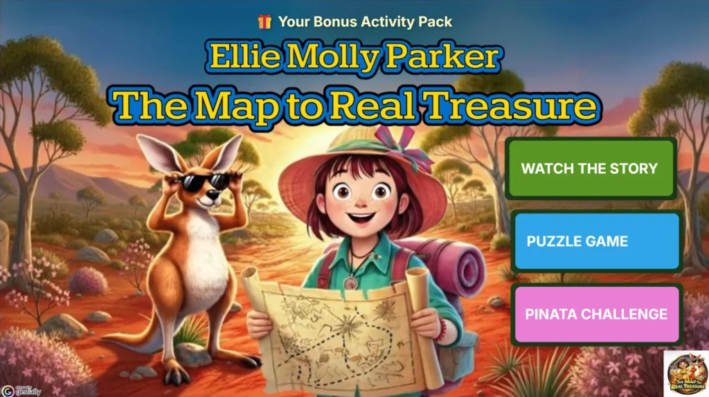 Ellie Molly Parker and Kip with buttons for the story, puzzle game and Piñata Challenge