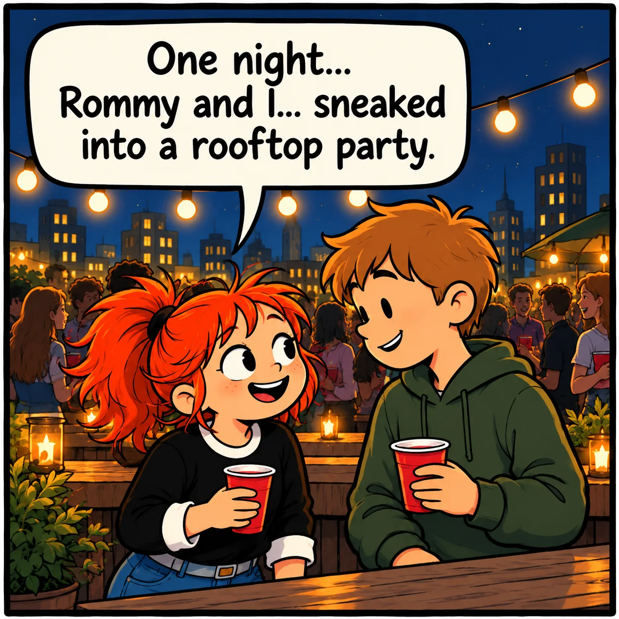 The Rooftop Party — Lil Juno comic, panel 1 of 4