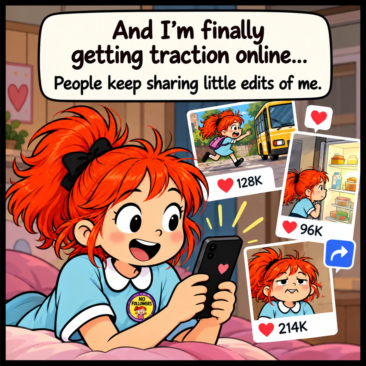 Title Monetising Zero Followers — Lil Juno comic, panel 1 of 4
