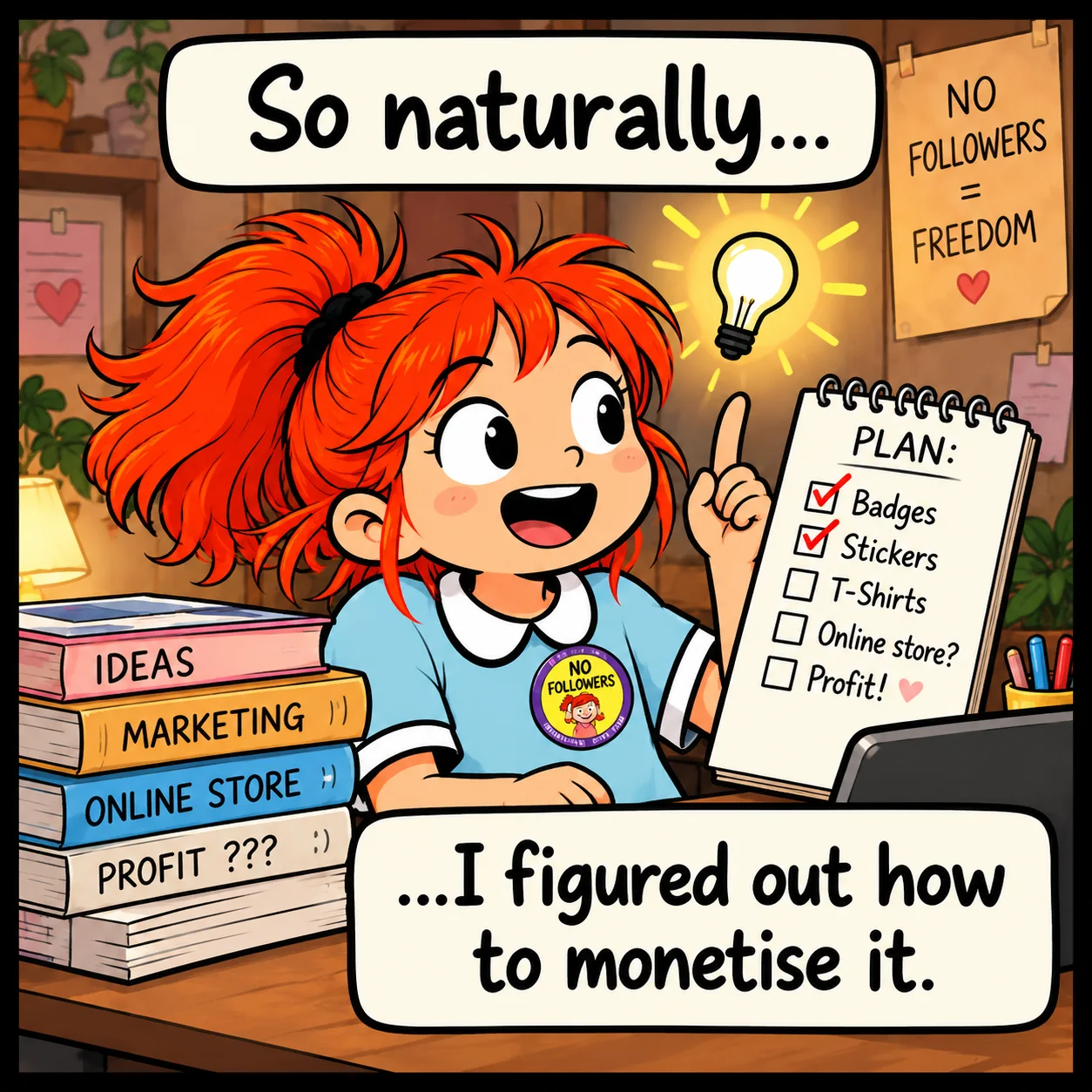 Title Monetising Zero Followers — Lil Juno comic, panel 3 of 4