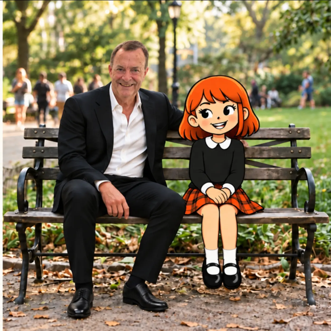Paul Easther sitting on a park bench with his animated character Lil Juno