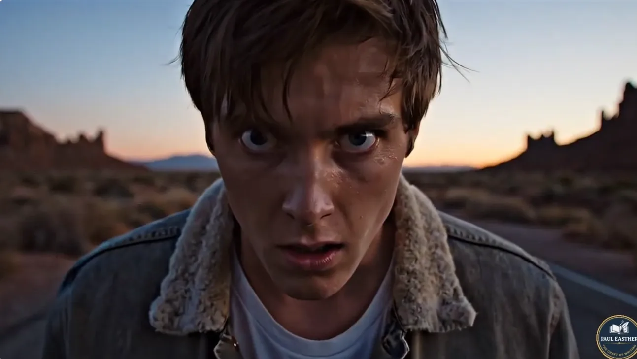A frightened young man standing alone on a desert road as he realises that he is in immediate danger.