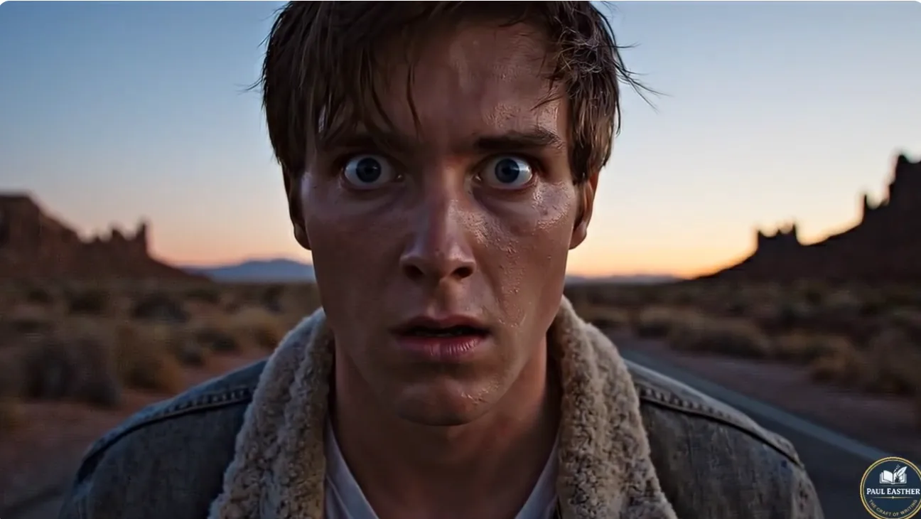 A terrified man on an empty desert road staring at an unseen threat immediately before him.