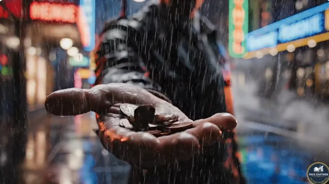 A hand holding coins in a rain-soaked city at night.