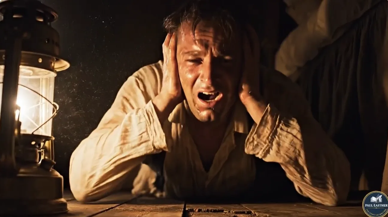 The terrified narrator covers his ears while listening above the floorboards.