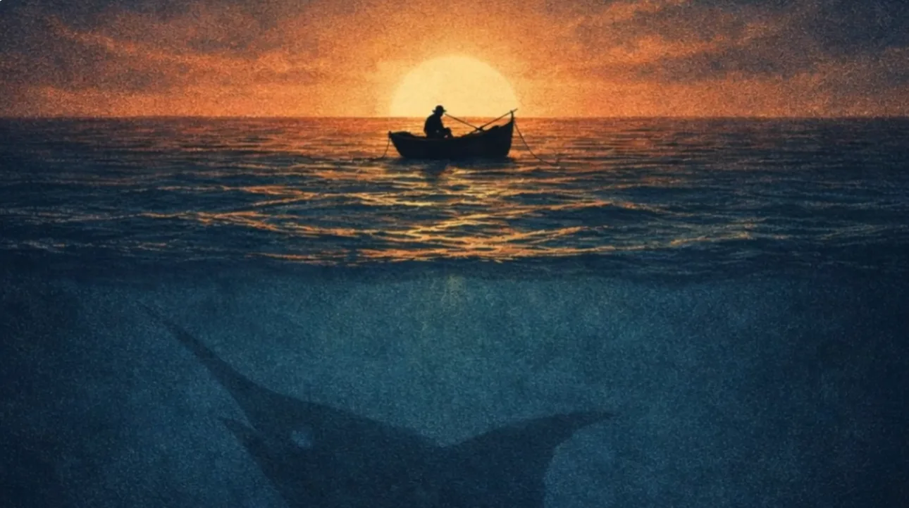 The cover of Ernest Hemingway’s The Old Man and the Sea showing a solitary fisherman and the shadow of a giant marlin.