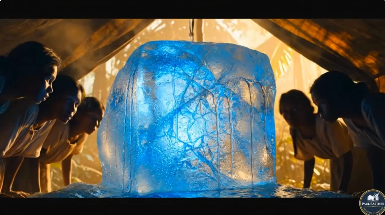 Children gathered around an enormous glowing block of ice in a tent.