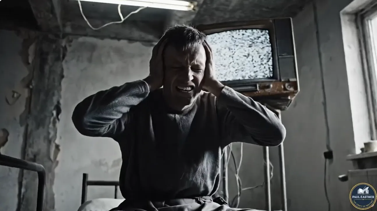 Winston Smith covers his ears as the telescreen broadcasts behind him.