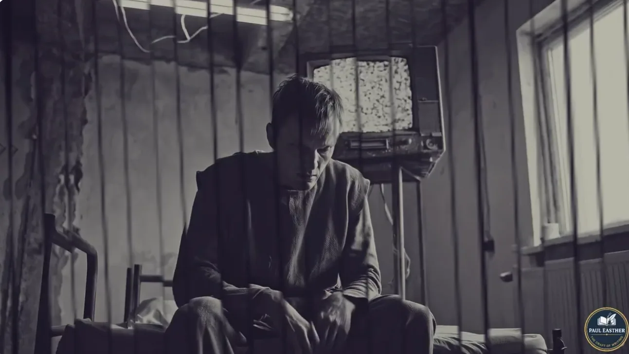 Winston sits imprisoned while a telescreen watches from behind him.