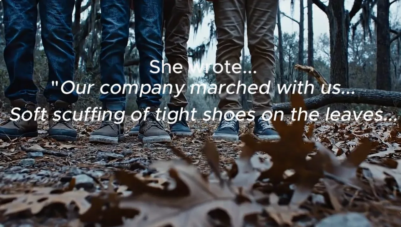 Shoes moving through dry leaves as two children are followed through dark woods.
