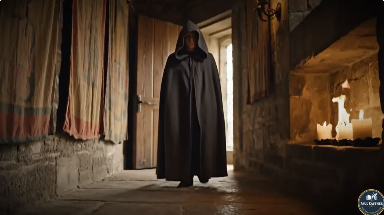 A mysterious cloaked figure entering a candlelit stone room in a Tudor palace.