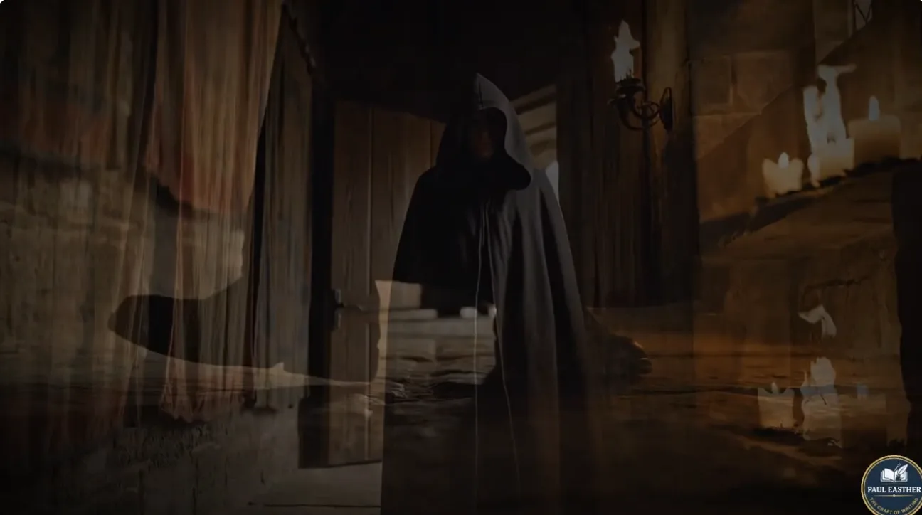 A shadowed Tudor figure layered across a candlelit chamber, suggesting secrecy and surveillance.