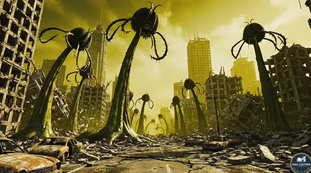 Tall mobile triffids spreading through the ruins of a deserted city.
