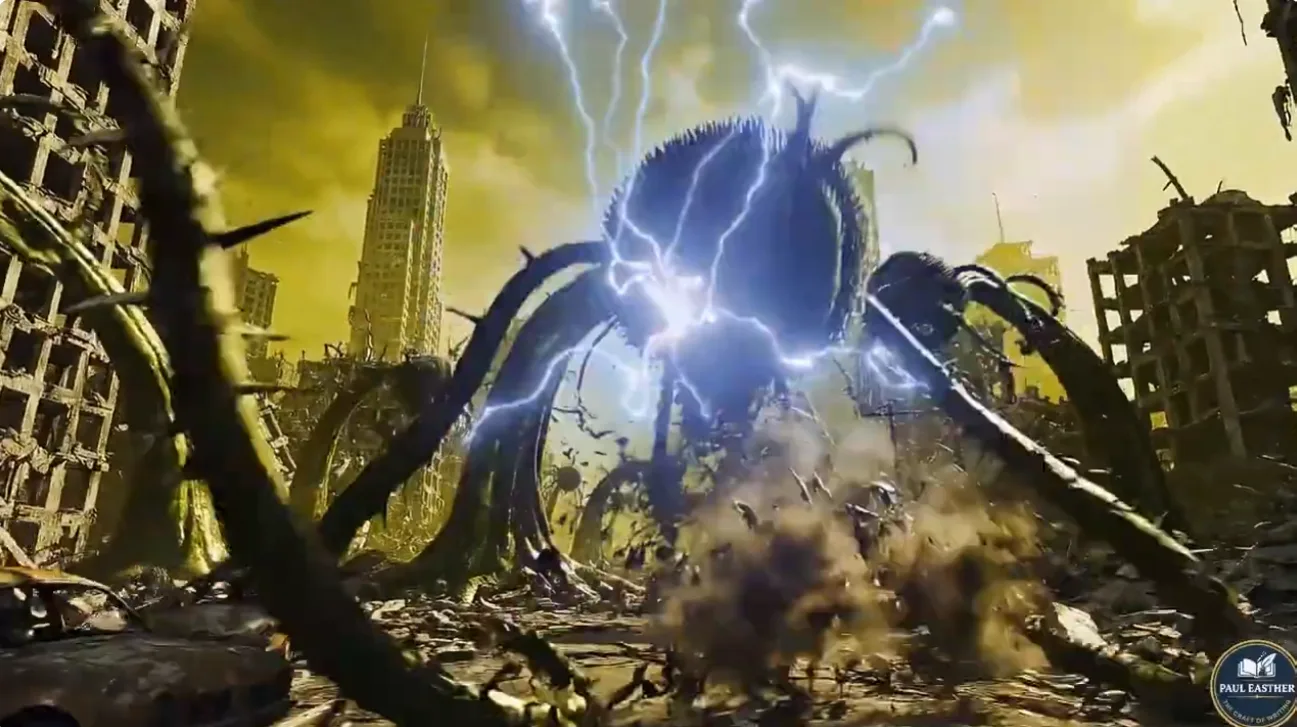 A huge triffid advancing violently through the ruins of a human city.