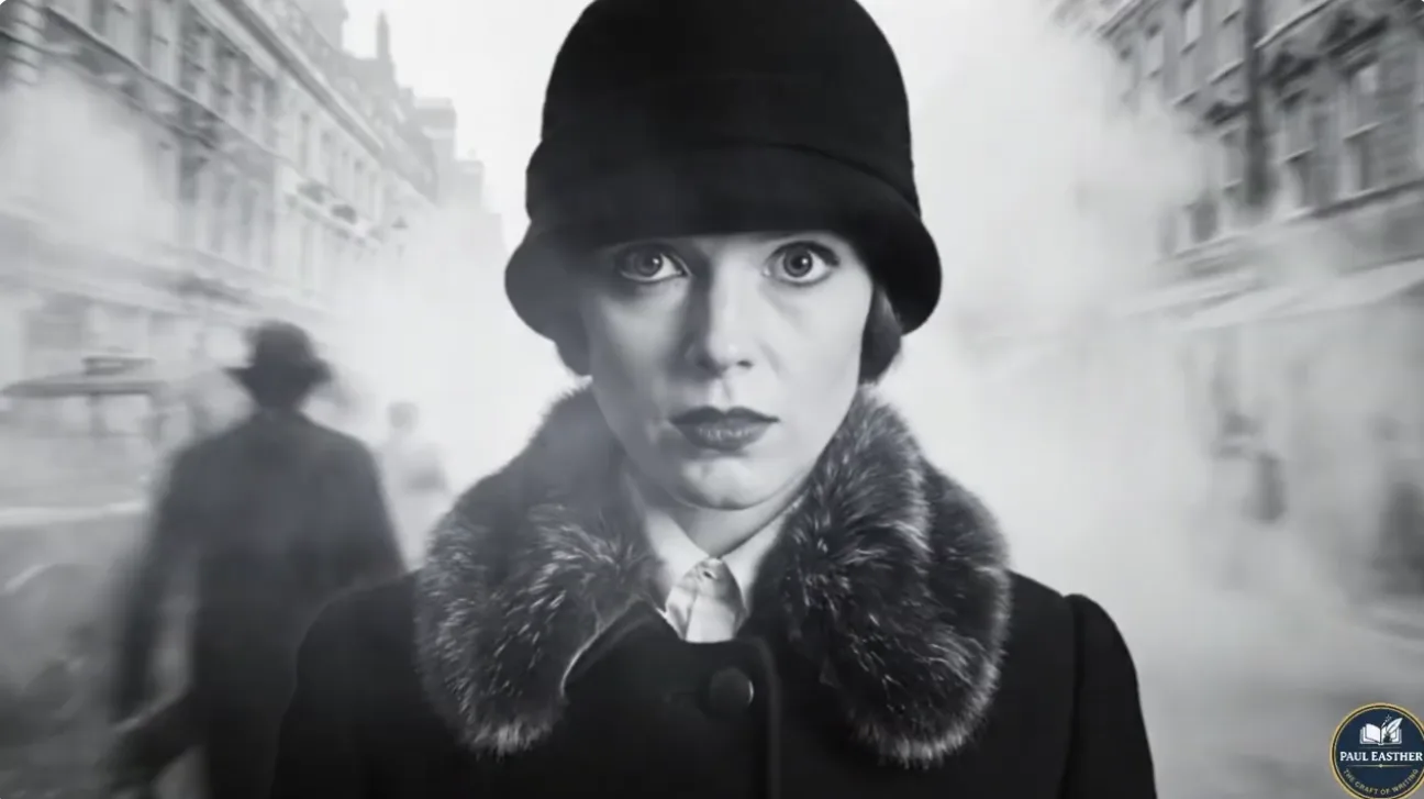 Close portrait of Clarissa Dalloway against a blurred London street.