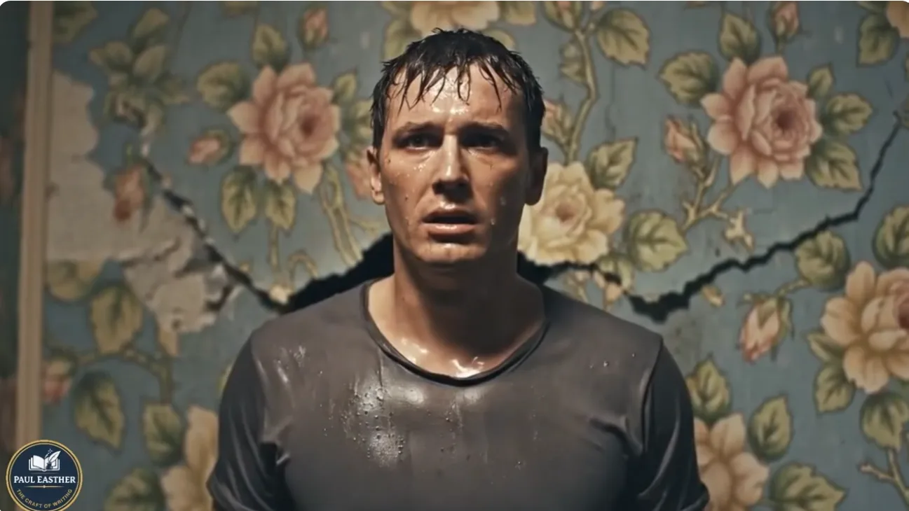 A frightened, perspiring man standing before cracked floral wallpaper in a decaying room.