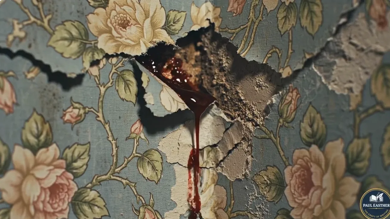 Blood and decayed material exposed behind torn floral wallpaper.