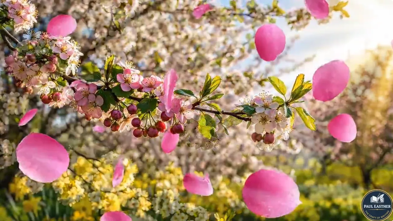 Sunlit branches covered in white and pink blossoms as petals drift through an abundant formal garden.