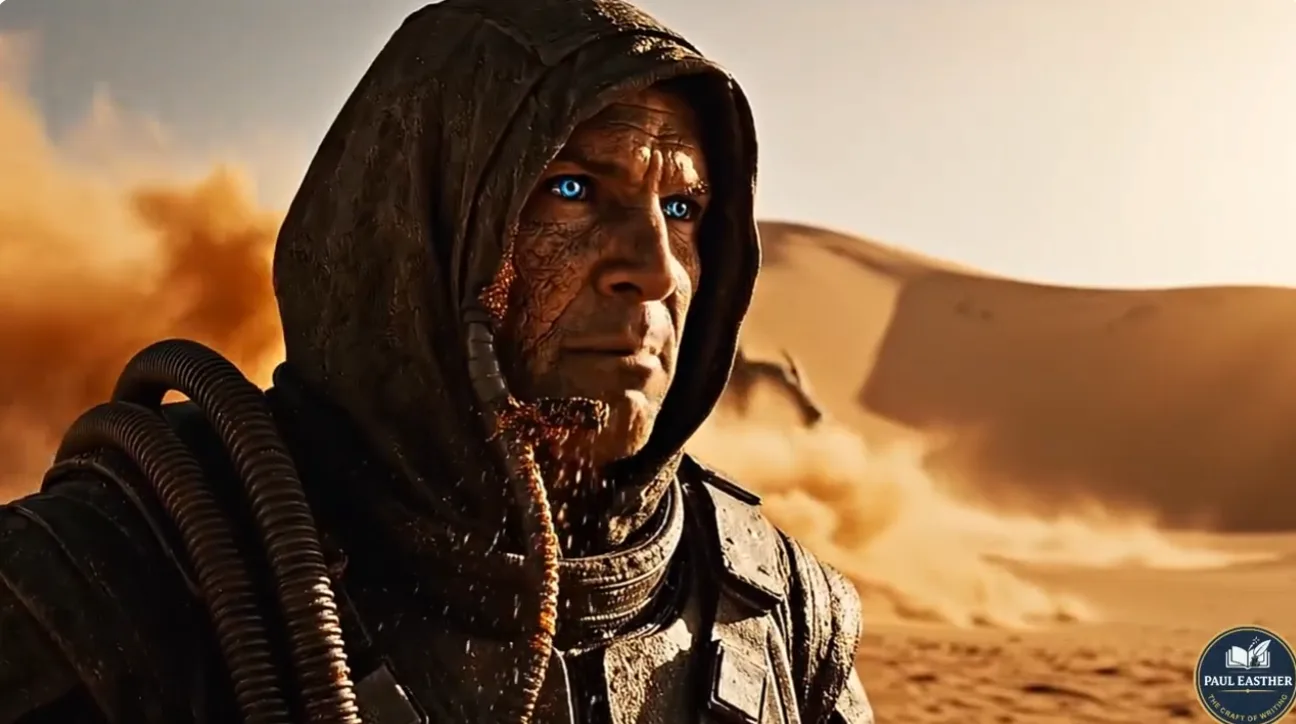 A blue-eyed desert traveller in protective clothing surrounded by dense orange spice dust on Arrakis.
