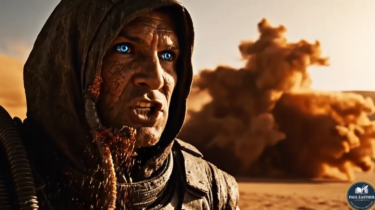 A blue-eyed figure standing in the desert as a vast cloud of orange spice moves across the dunes.