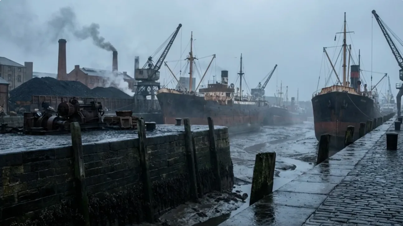An industrial harbour containing cargo ships, cranes, wet stone docks, coal piles and smoking chimneys.