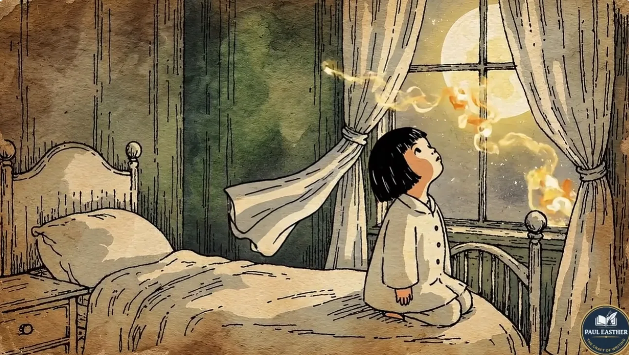 A child in a moonlit bedroom lifting their face towards warm, curling trails of imagined food aromas.