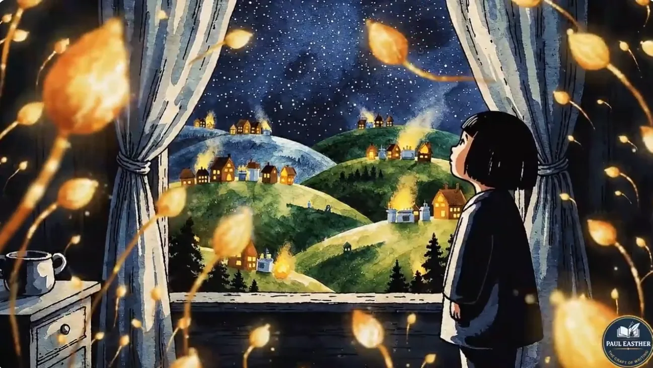 A child looking through an open window at warmly illuminated homes beneath a star-filled night sky.