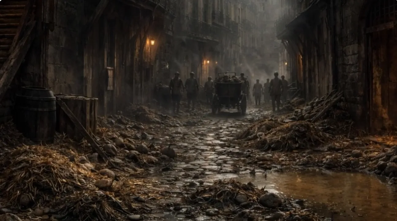A filthy eighteenth-century Paris market filled with rotting produce and people covering their noses.
