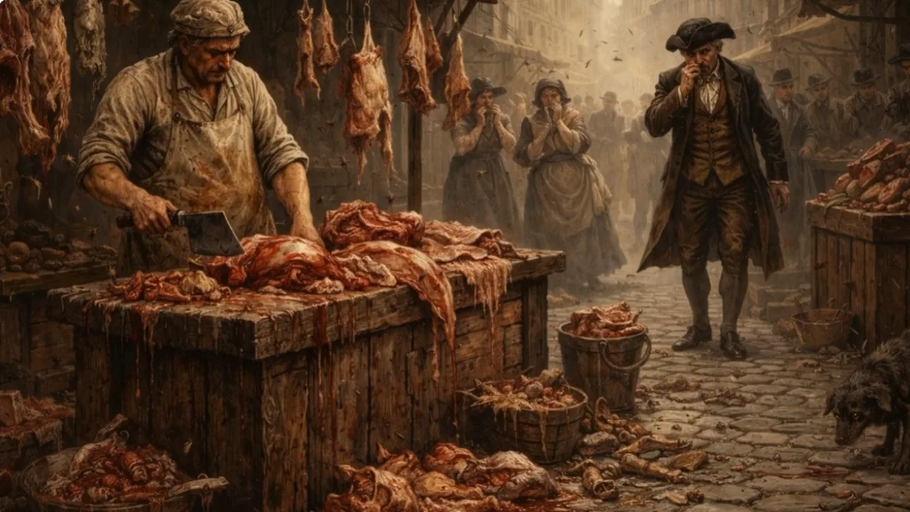 A bloody butcher’s stall in a filthy eighteenth-century Paris street.