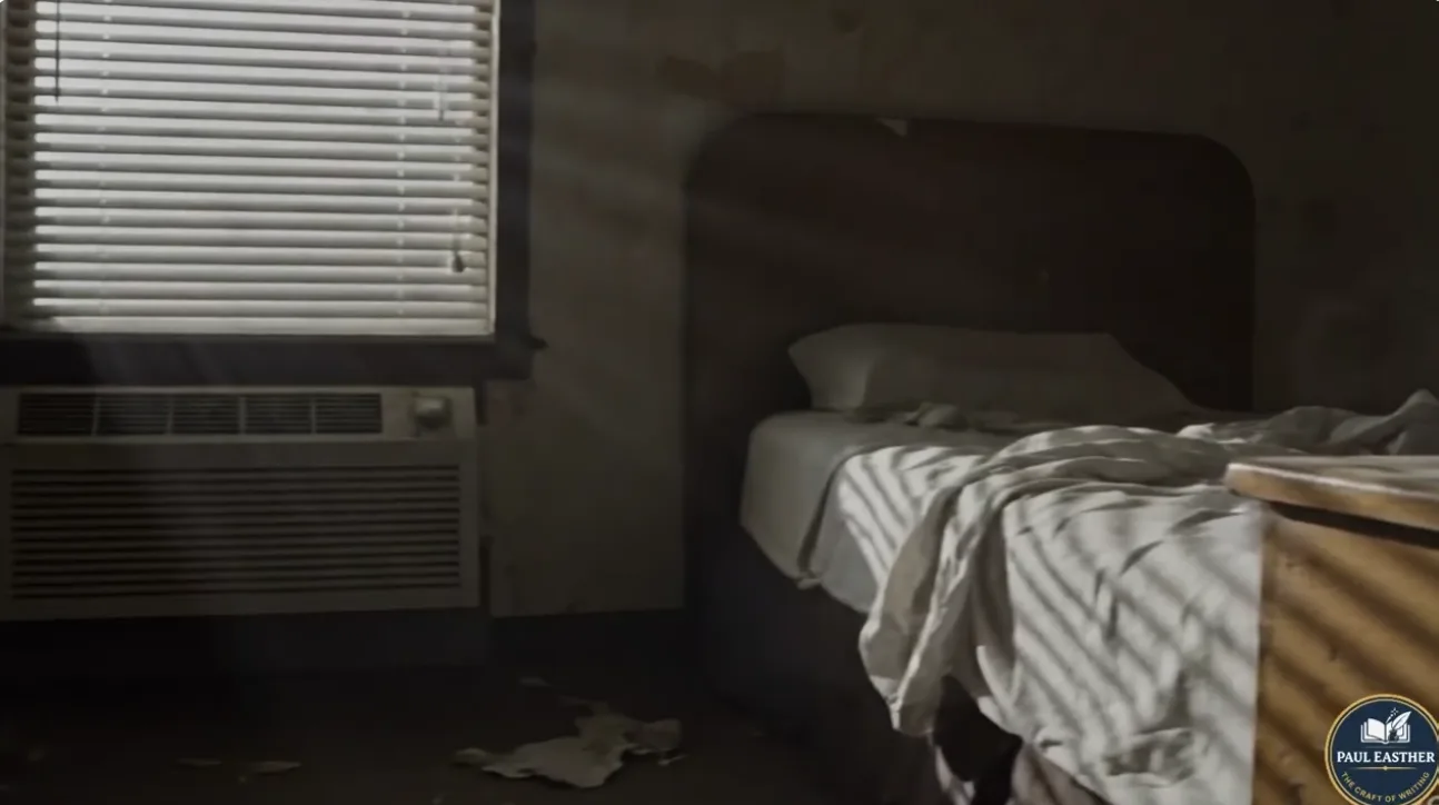 A shadowed detective firing a gun inside a dim room filled with smoke and reflected light.