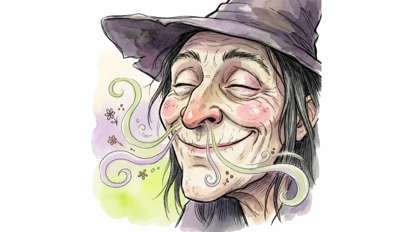 A witch smiling as curling trails of scent rise toward her nose.