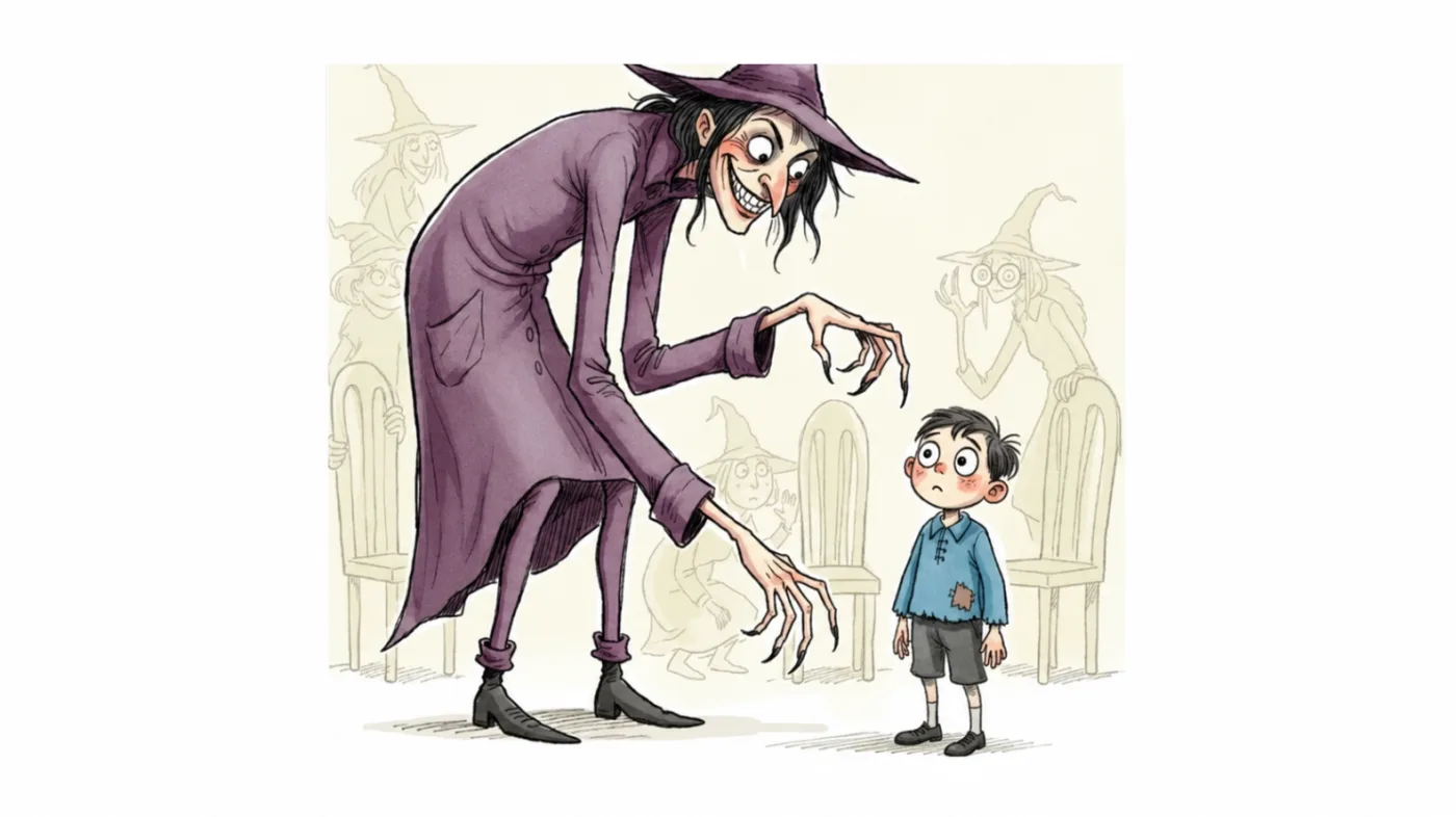 A towering witch bending toward a nervous young boy while other witches watch.