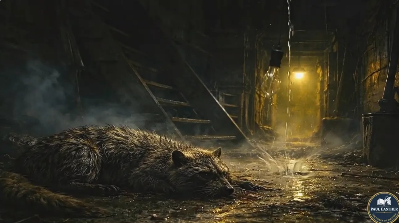 A wet, animal-like creature lying in a dark cellar while rainwater falls through the ceiling.