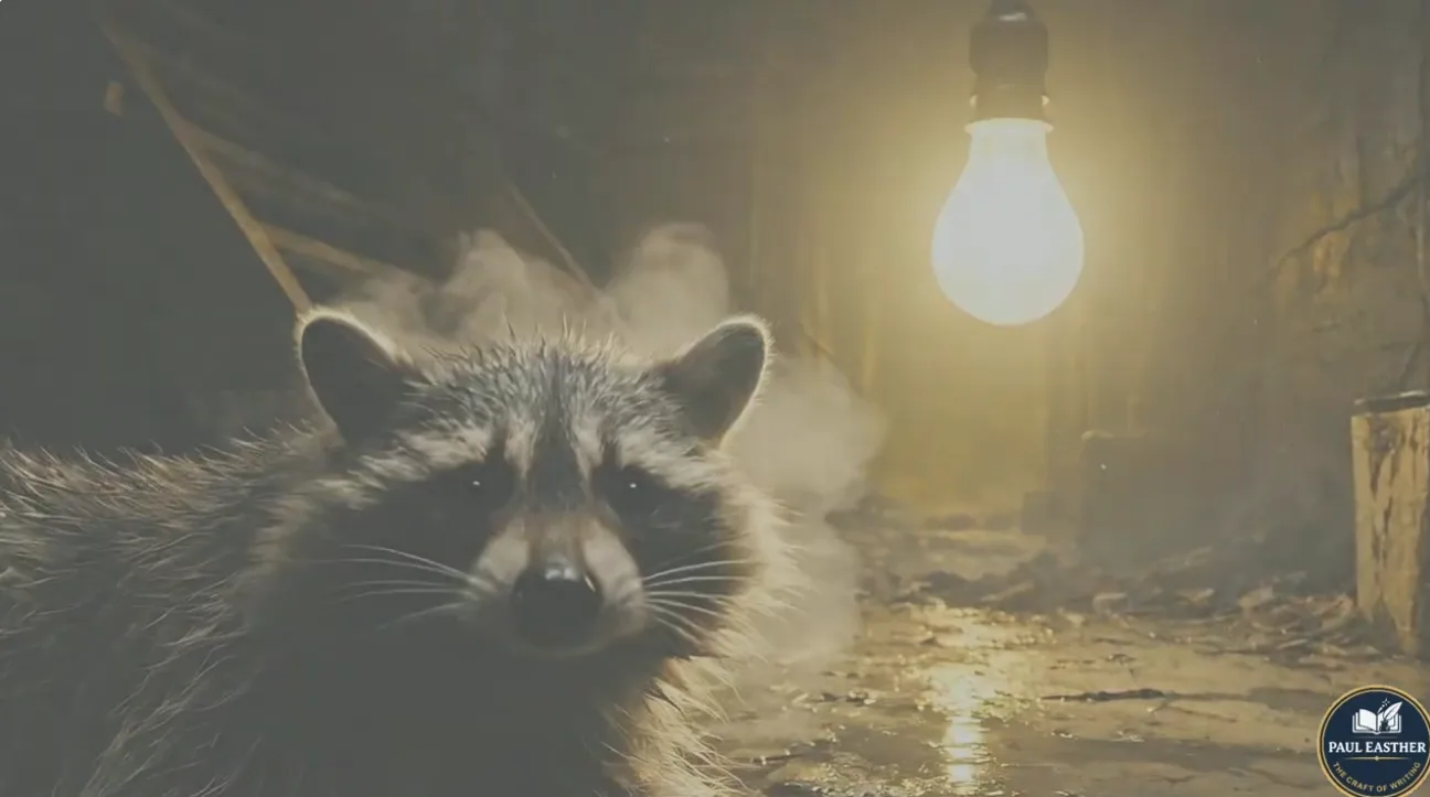 A wet animal-like creature advancing through a cellar beneath a bare electric light.