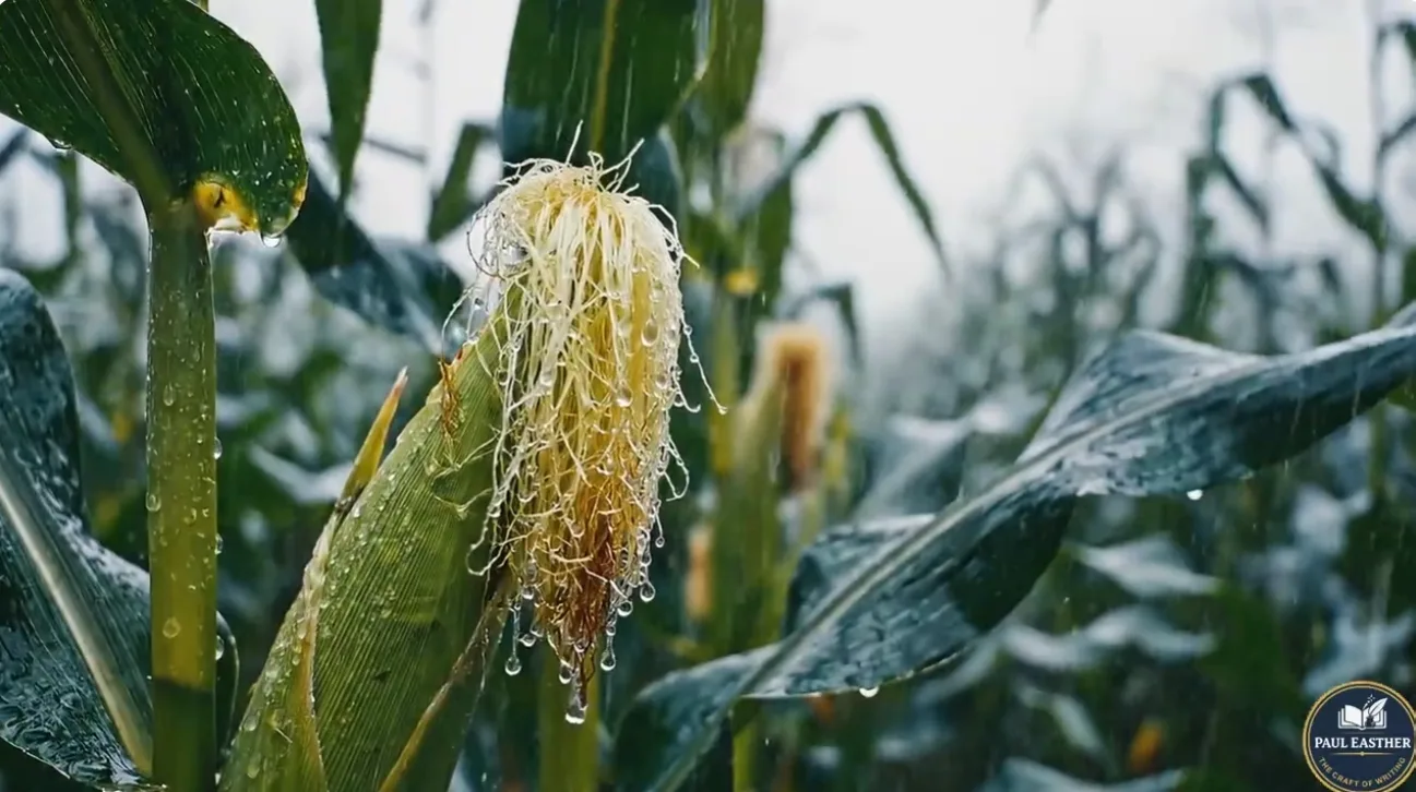 Corn silk hanging from a green corn plant during heavy rain.
