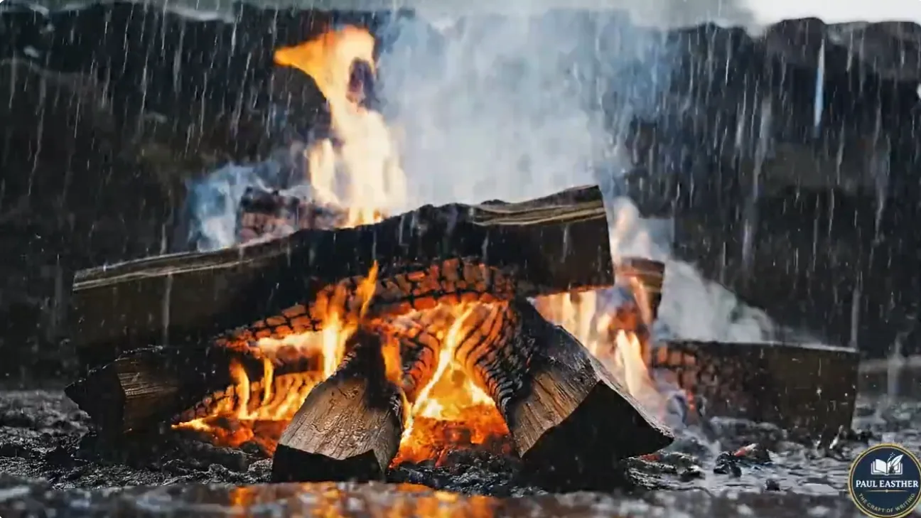 A wood fire continuing to burn while heavy rain falls across the logs.