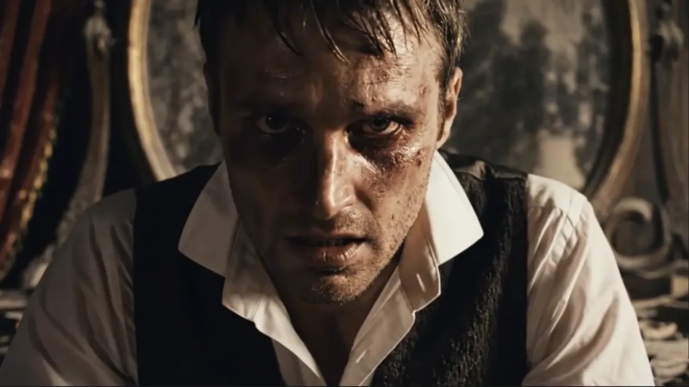 A troubled nineteenth-century man staring intensely into a mirror