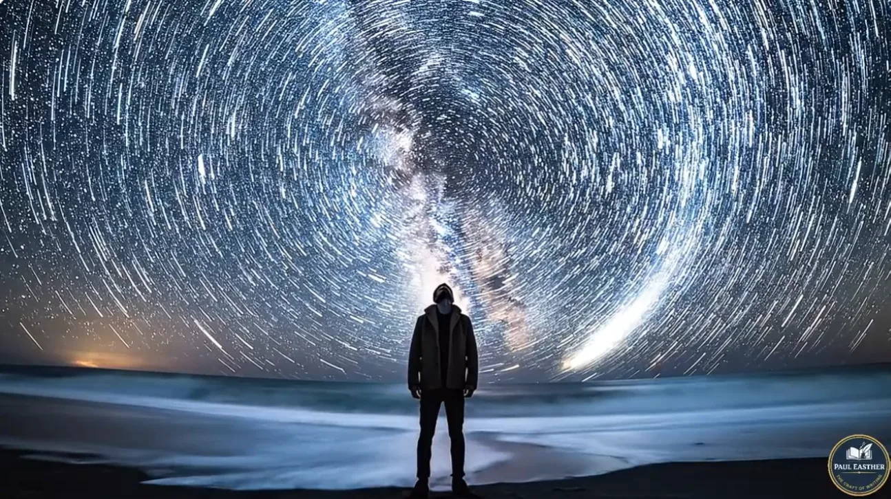 A solitary person standing beneath enormous spiralling stars beside a dark ocean.