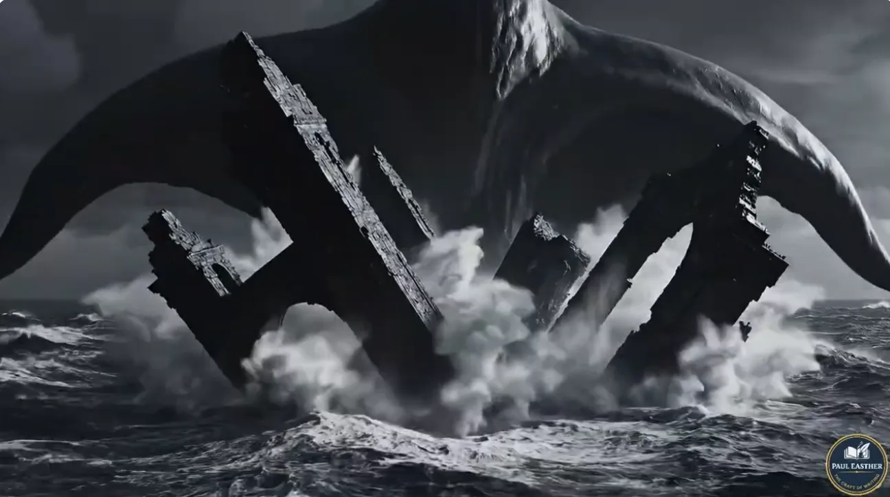 Impossible ruins erupting from the ocean beneath the silhouette of an immeasurable creature.
