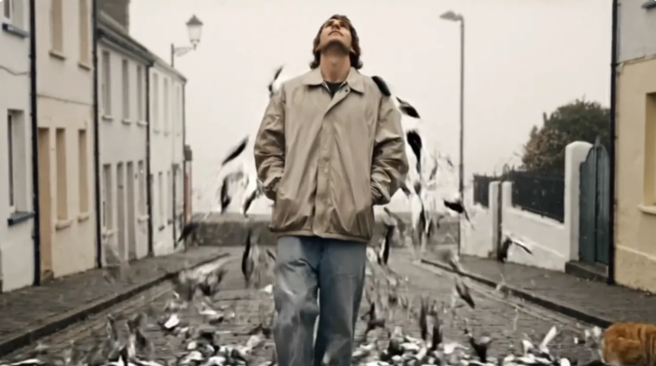 A man standing calmly in a street while fish rain inexplicably around him.