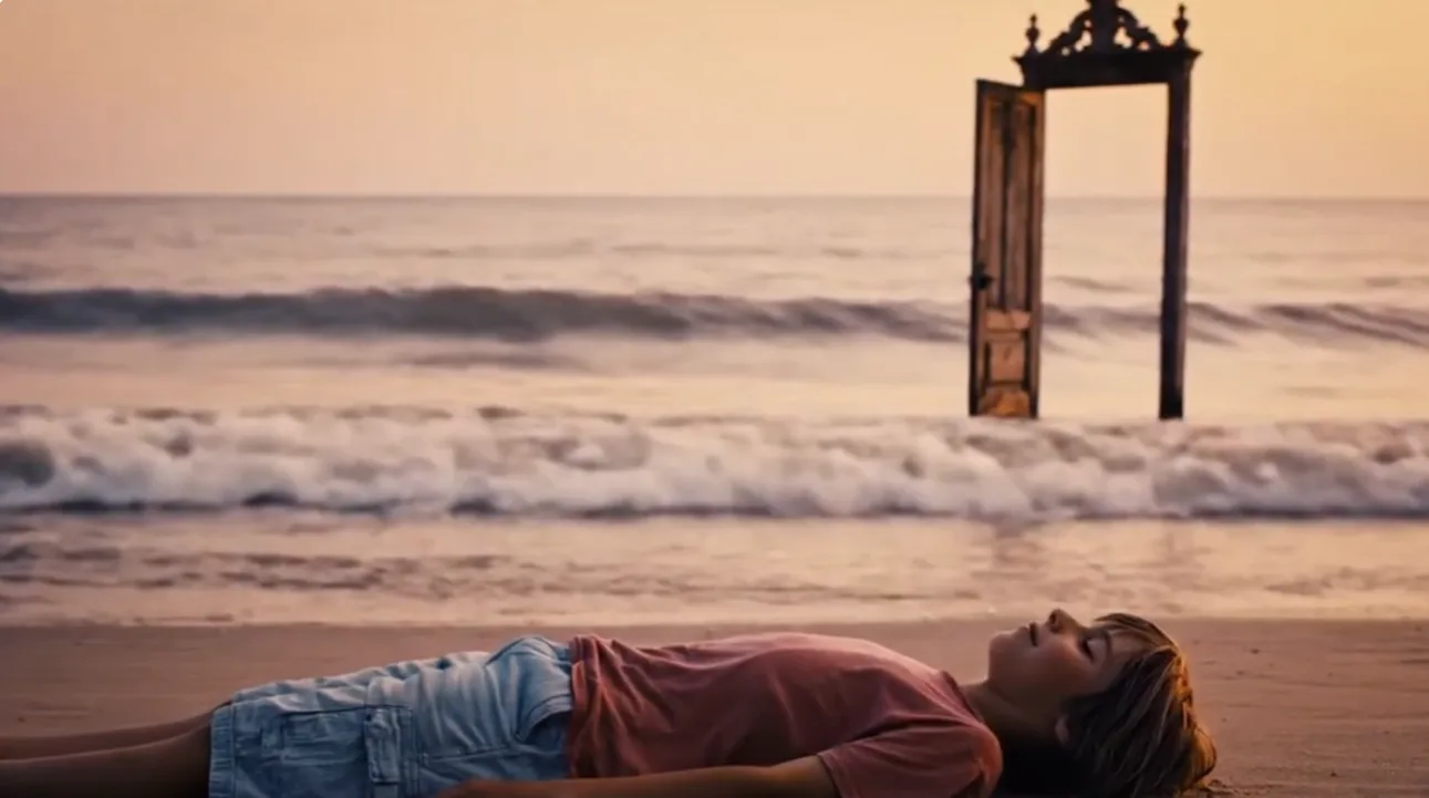 A boy floating above a beach beside a solitary door standing in the sea.