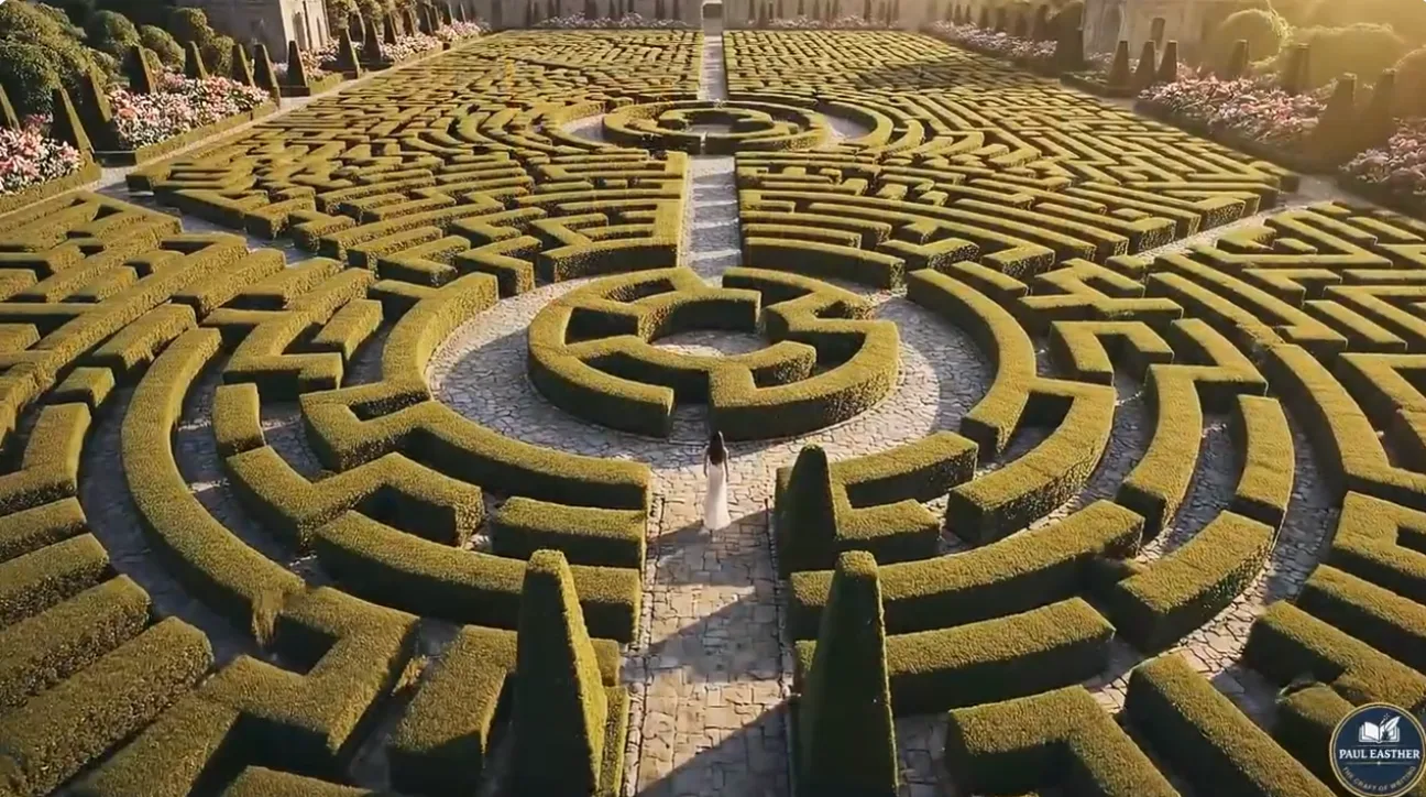 A vast circular garden maze seen from above, containing branching passages and a solitary figure.