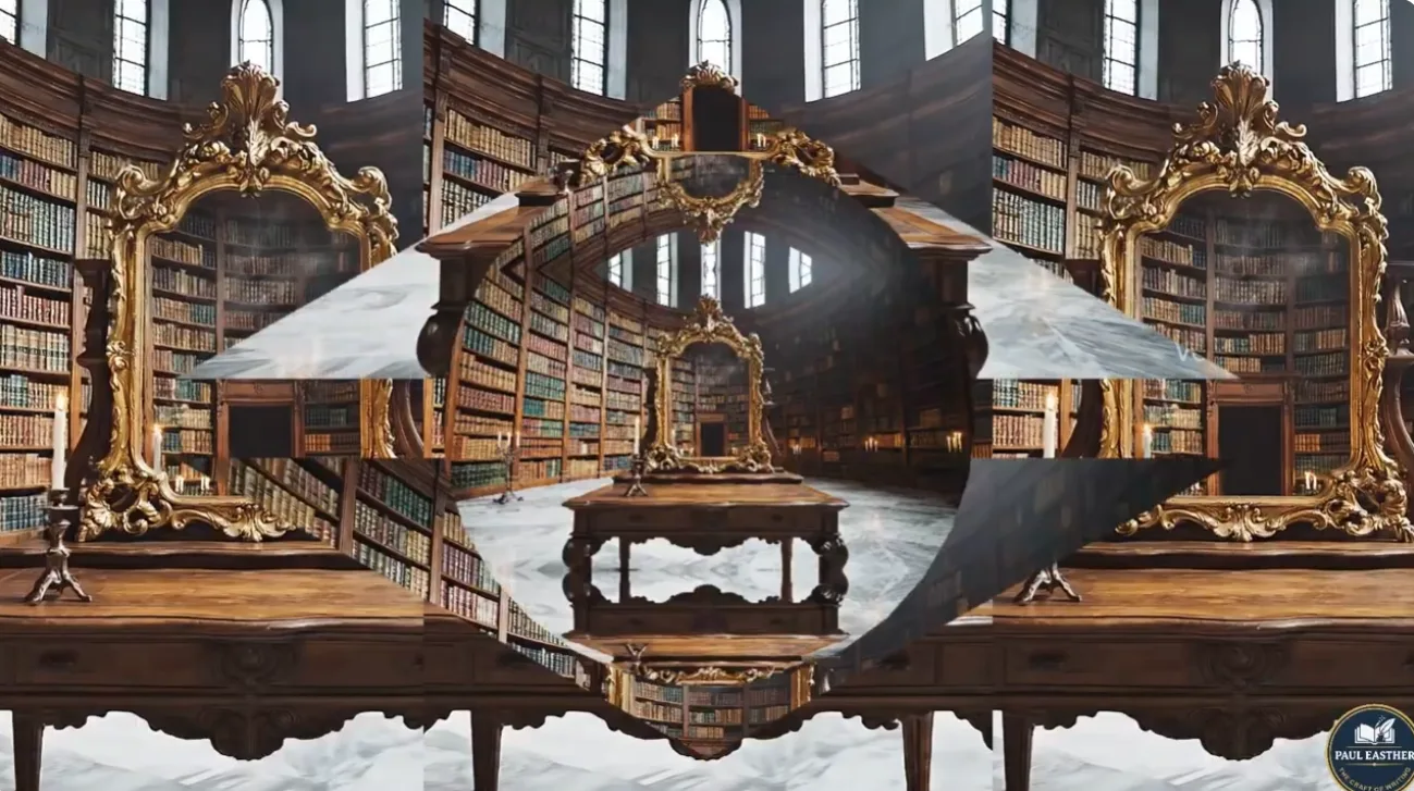 A library recursively folding into repeated versions of itself like a visual hall of mirrors.