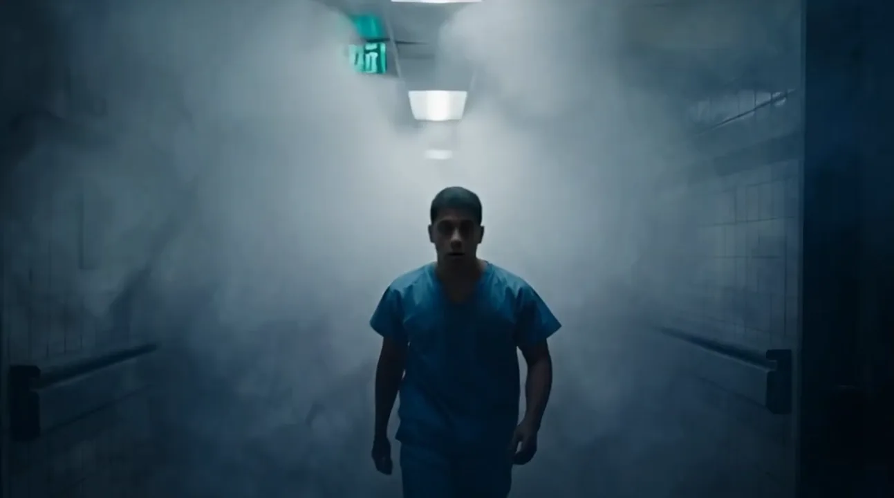 A hospital patient walking alone through a corridor filled with dense white fog.