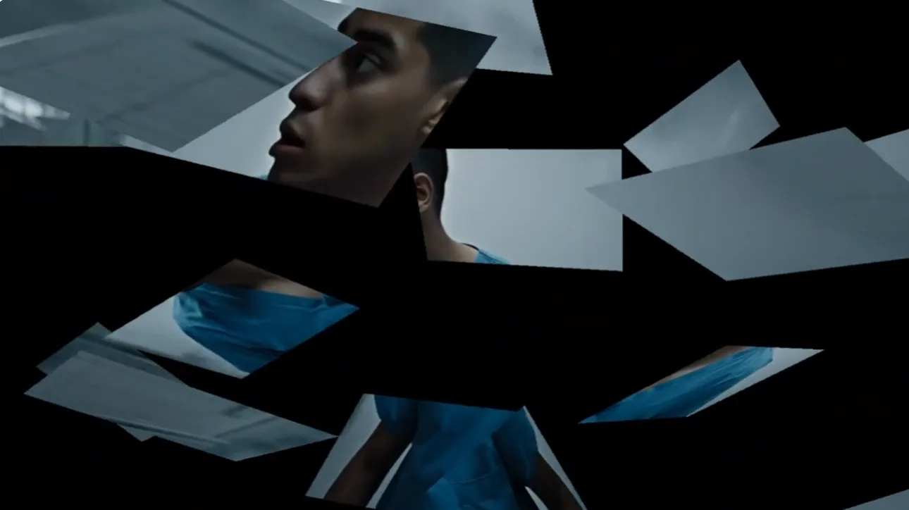 A hospital patient seen through disconnected fragments of a shattered visual field.