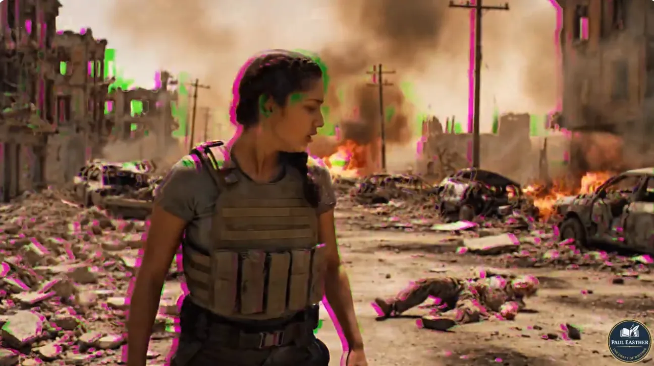 Lauren moving through a burning ruined city as her perception breaks into painful distortions.