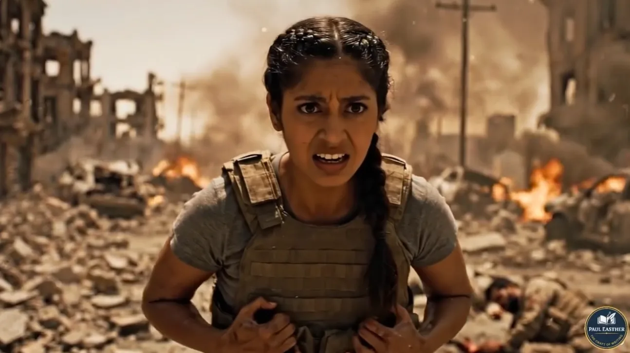 Lauren doubled over in physical distress while violence and fire surround her.