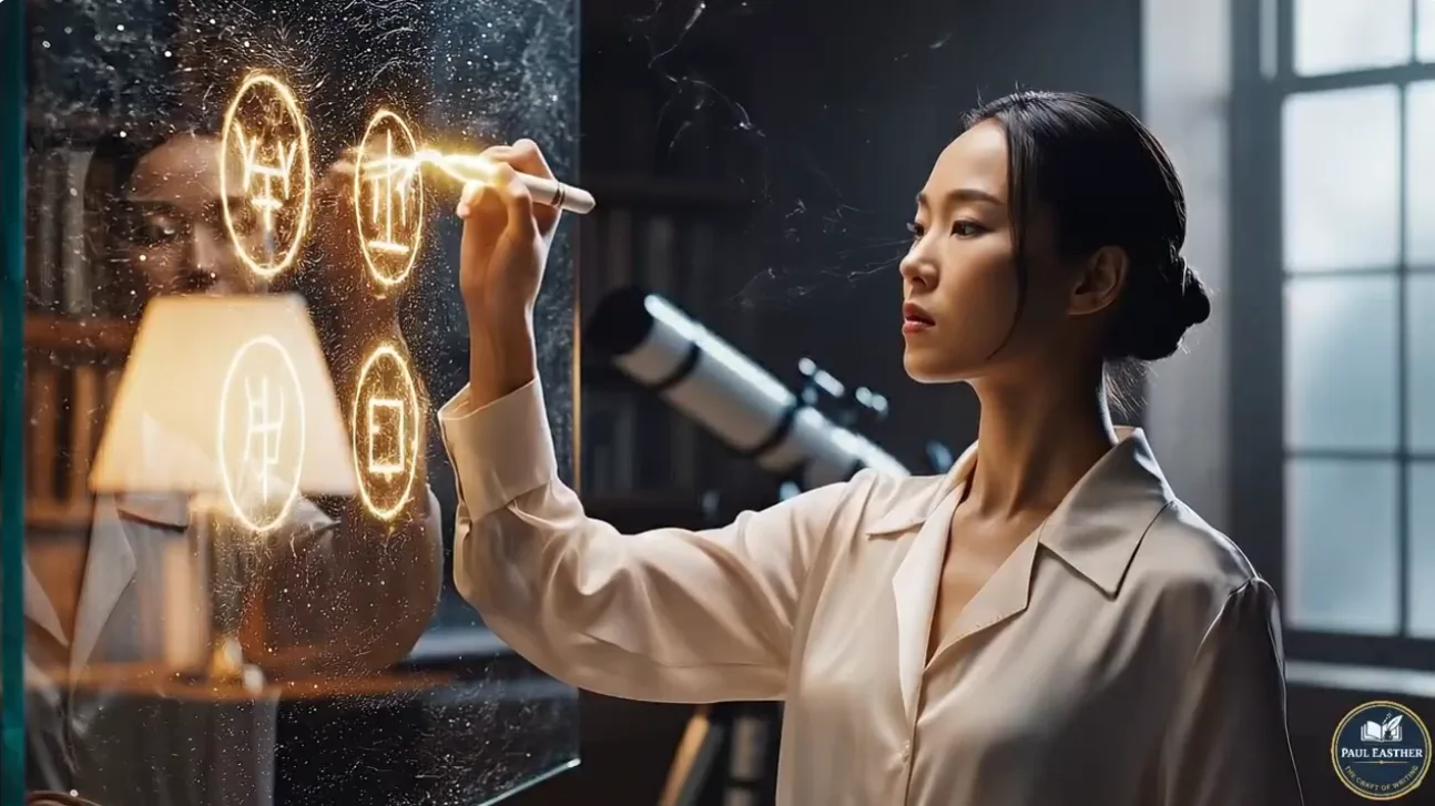 A linguist drawing interconnected circular alien symbols on a transparent surface.