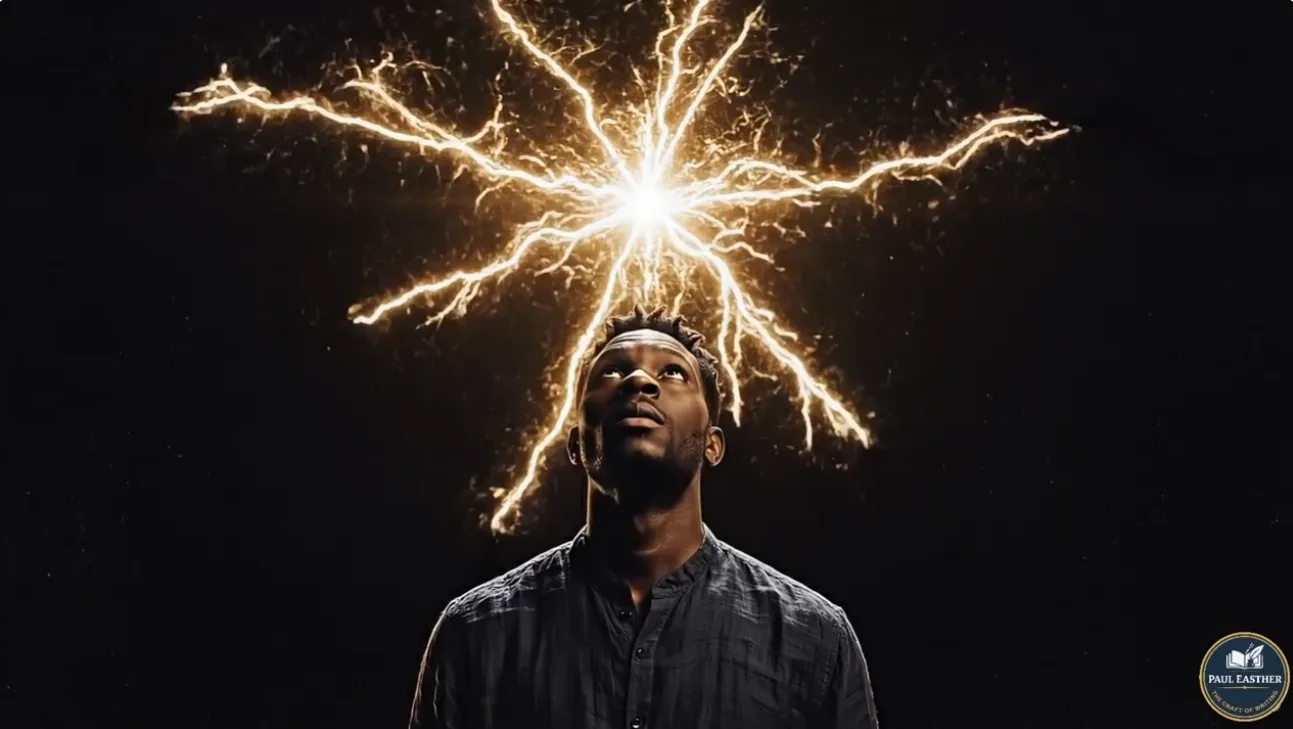 A person looking upward as branching light forms an immense network above their mind.