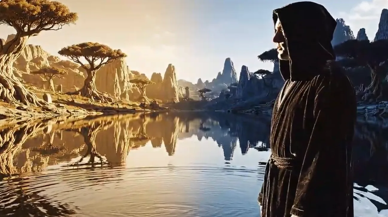 A solitary wizard beside reflective water in a landscape divided between light and shadow.
